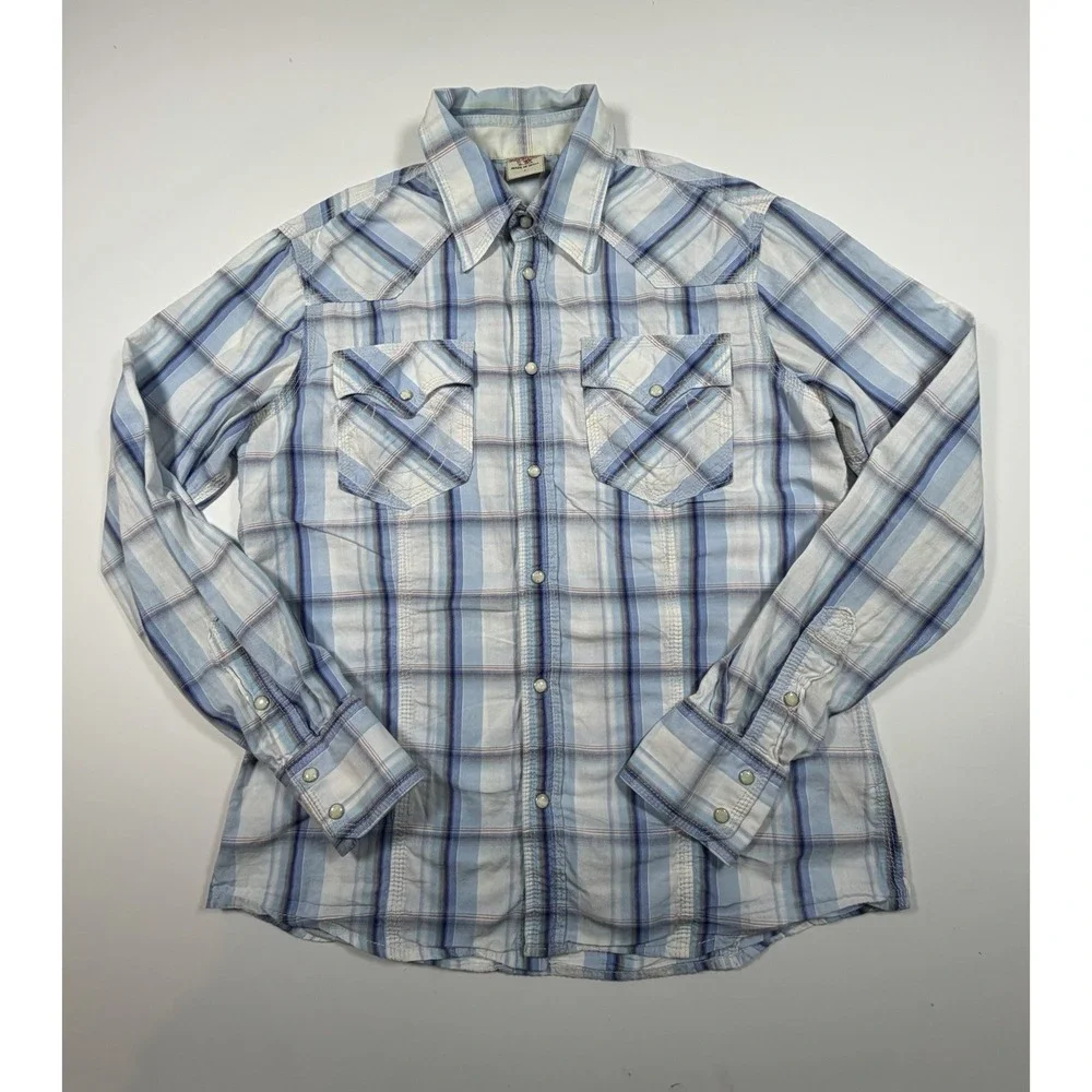 True Religion Mens Western Pearl Snap Buttons Plaid Long Sleeve Shirt Size Large